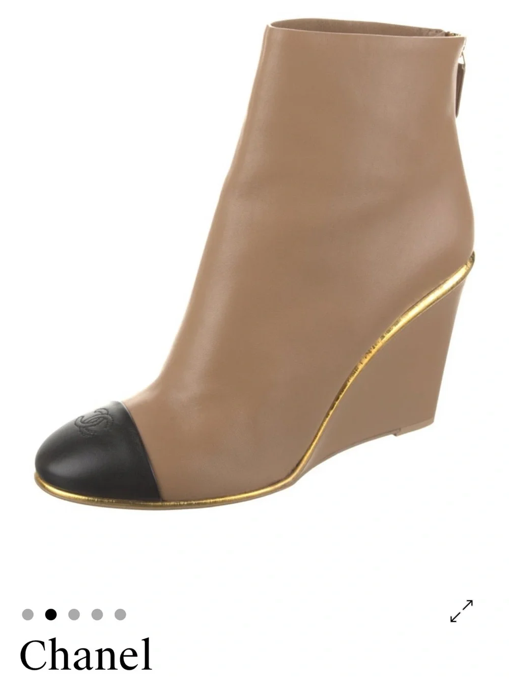 CHANEL Tan and Black Leather Wedge Ankle Boot with Gold Trim